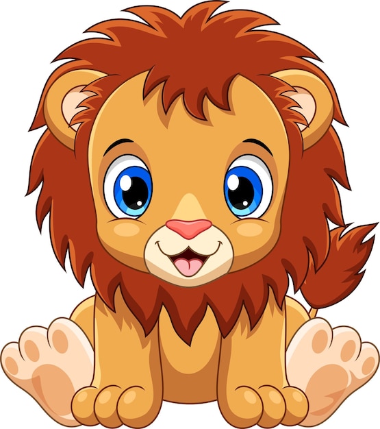 Vector cute little lion cub sitting on white background