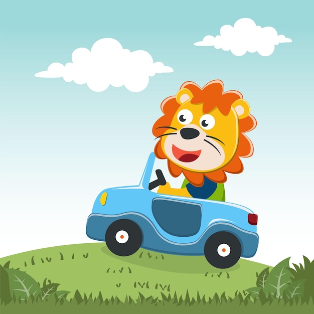 Cute little lion driving a car go to forest funny animal cartoonvector illustration Vector illustration TShirt Design for children Design elements for kids