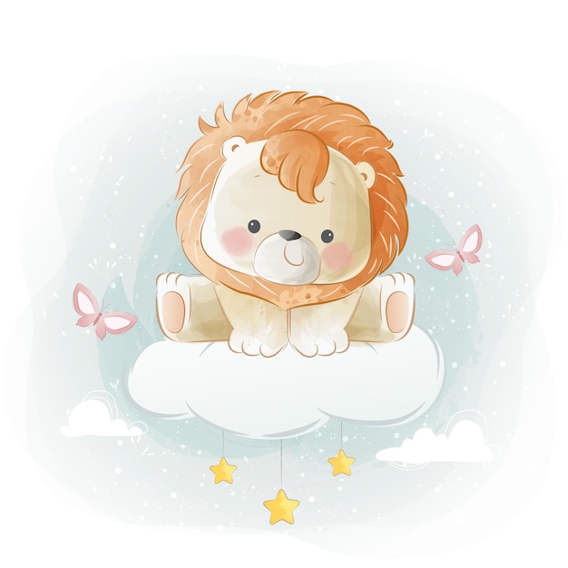 Cute Little Lion Sitting on Cloud