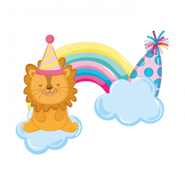 Vector cute and little lion with party hat and rainbow