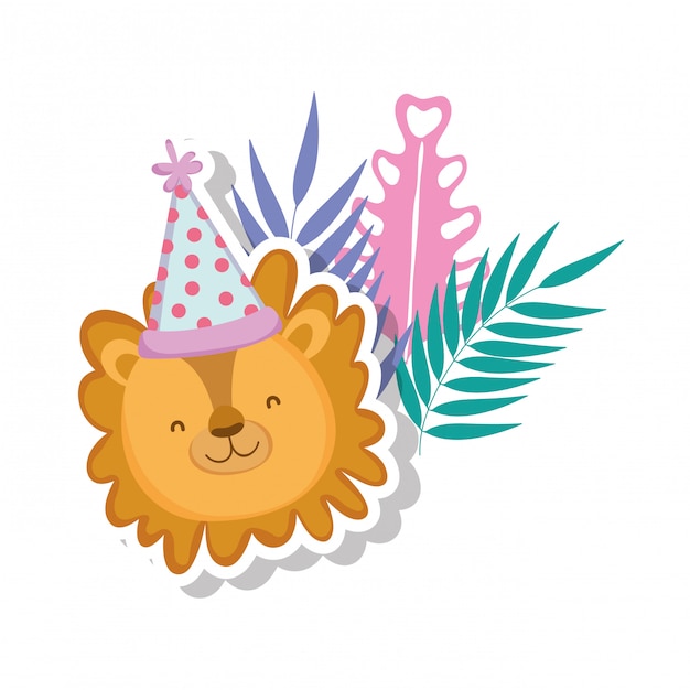 Vector cute and little lion with party hat