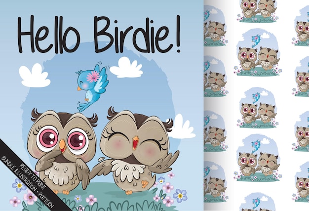 Cute little lovely owl with blue bird illustration illustration of background