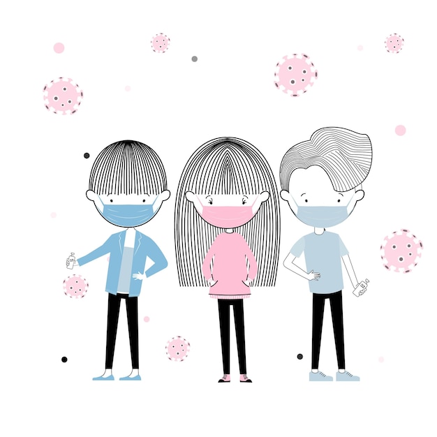 Cute little Male and female students wearing masks to protect against germs covid 19 vector design