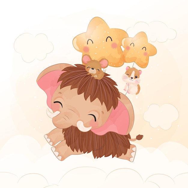 Cute little mammoth flying together with mice and hamster