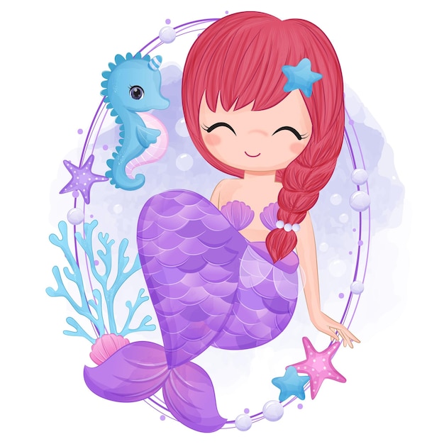 水彩イラストでかわいい人魚