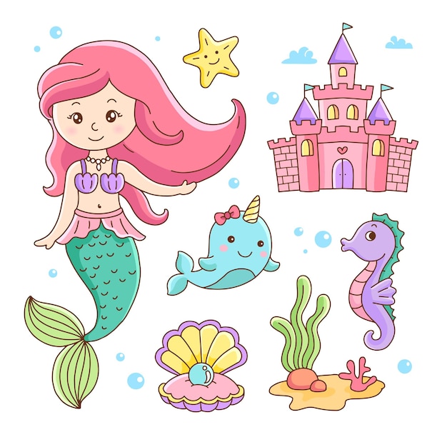 Vector cute little mermaid narwhal seahorse shell castle and marine sea life cartoon