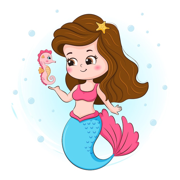 Cute little mermaid and seahorse  illustration