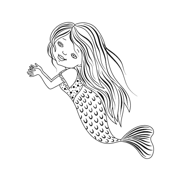 かわいい小さな人魚は、アウトラインスタイルで水中を泳ぐはがきの色のベクトルのデザイン要素