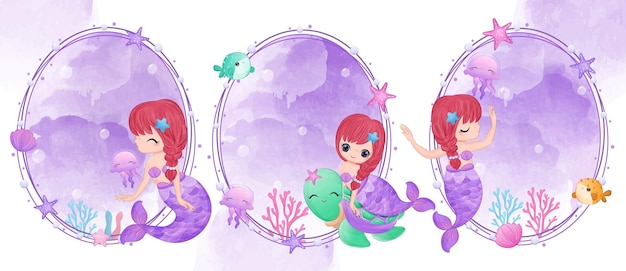 水彩イラストでかわいい人魚