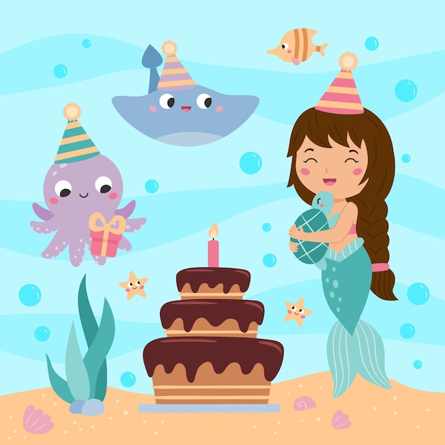 Cute little mermaid with birthday cake and friends