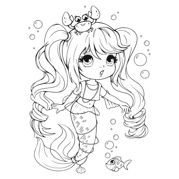 Cute little mermaid with a crab on her head coloring book coloring book for girls with a beautiful