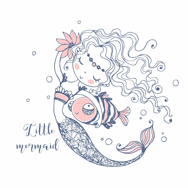 Vector cute little mermaid with a fish . doodle style.