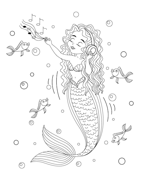 Cute little mermaid with long curly hair listen to music. Vector black and white coloring page.