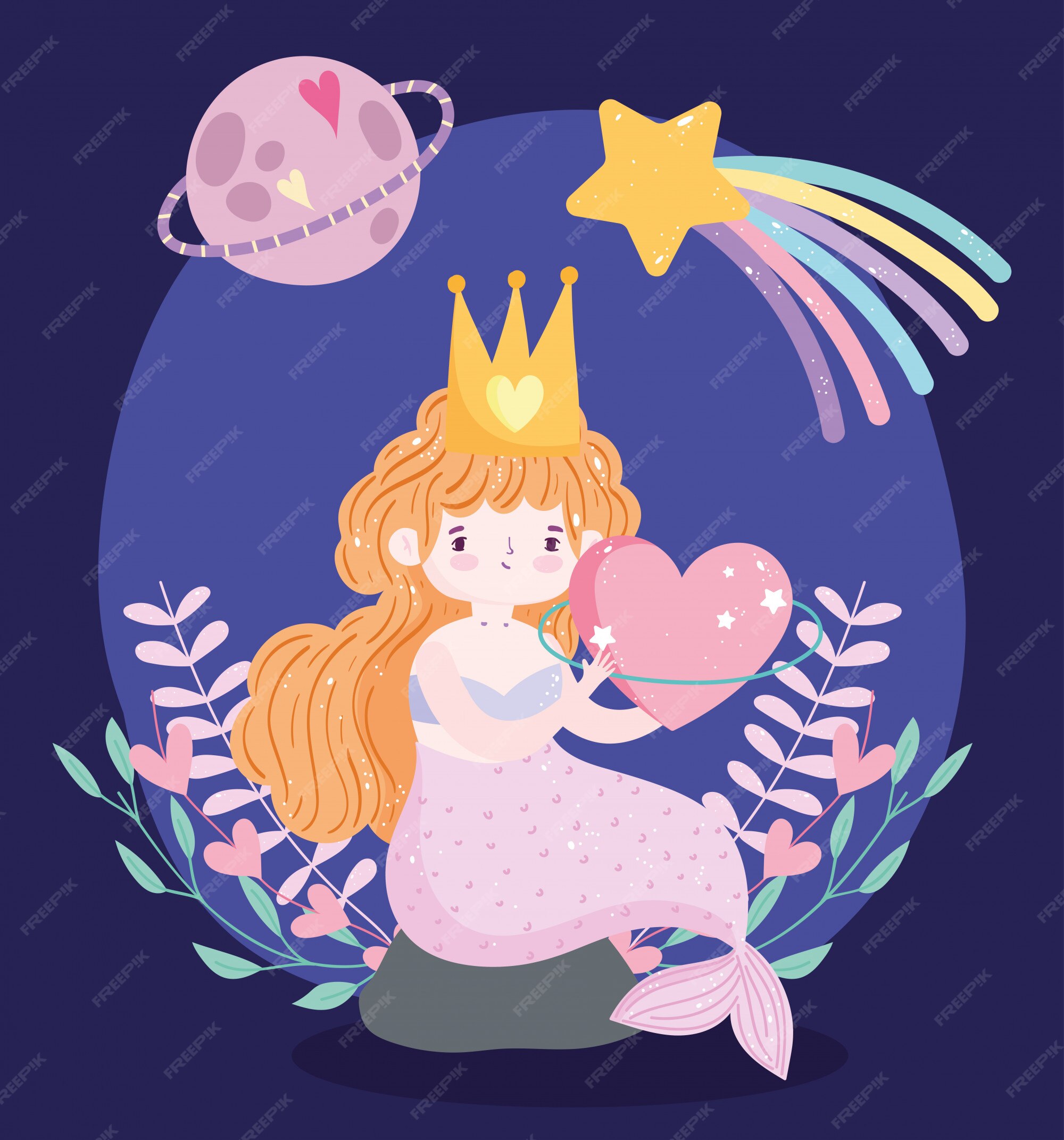 Premium Vector | Cute little mermaid with pink tail sitting on rock with  star planet fantasy dream cartoon