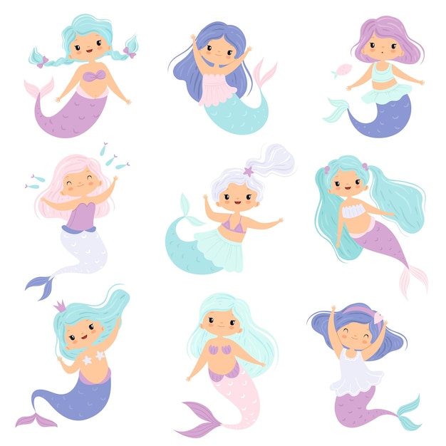 Simpatiche sirenette set bella ragazza da favola principessa sirena personaggi illustrazione vettoriale su sfondo bianco