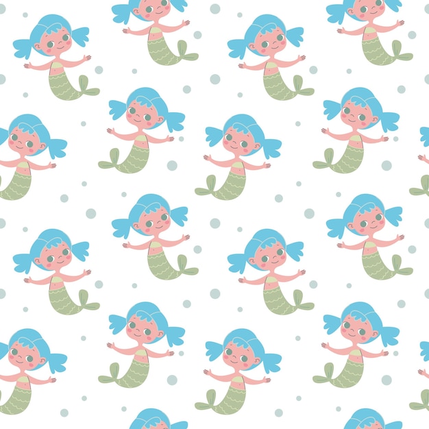 Cute little mermaids with blue hair tails Seamless pattern with baby girls Vector illustration