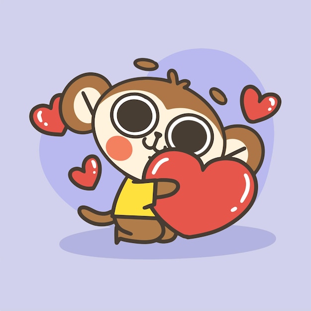 Cute little monkey hugging big heart doodle  illustration