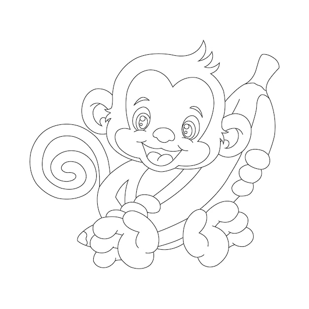 Cute little monkey outline coloring page for kids animal coloring book cartoon vector illustration