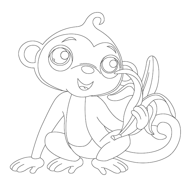 Cute little monkey outline coloring page for kids animal coloring book cartoon vector illustration