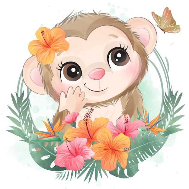 花とかわいい猿の肖像画