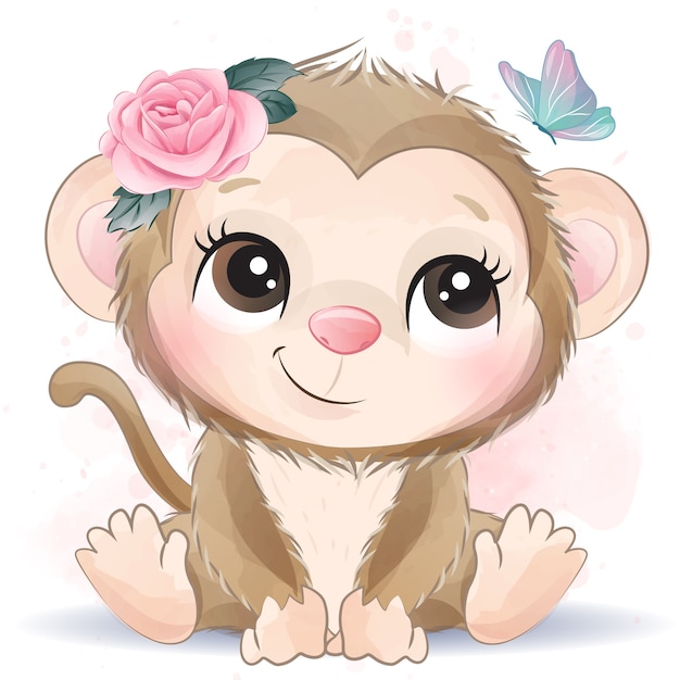 Cute little monkey with watercolor effect