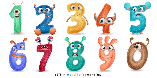 Vector cute little monster numbering with watercolor illustration