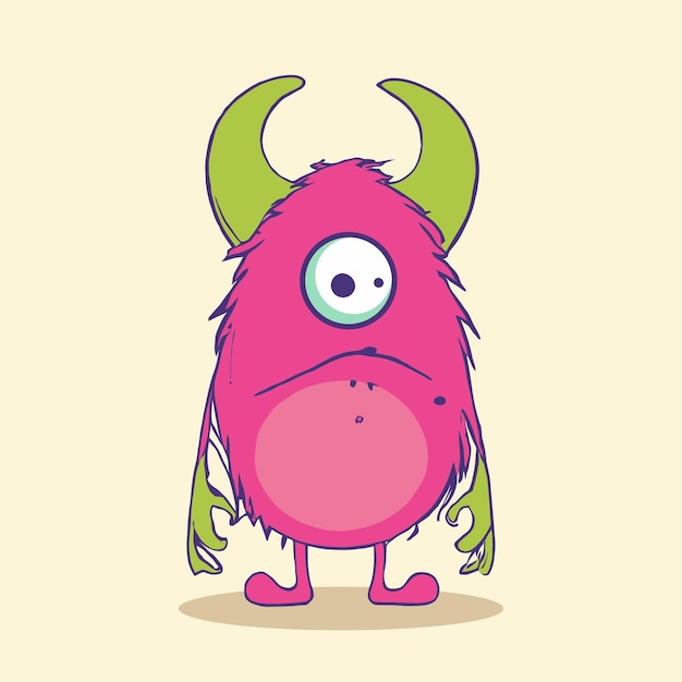 Cute little monster with green horns and green hand