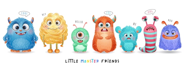 Vector cute little monster with watercolor illustration