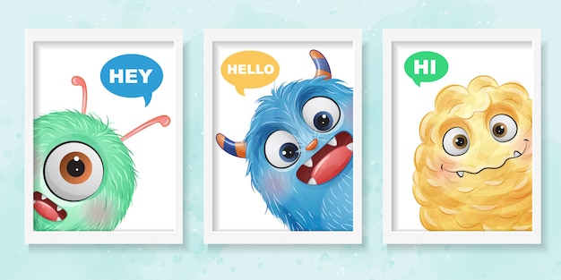 Vector cute little monster with watercolor illustration