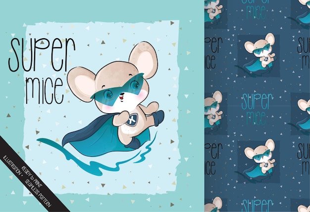 Cute little mouse hero character with seamless pattern