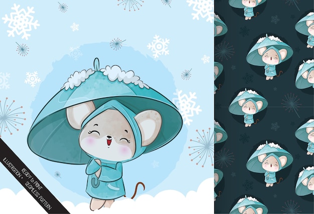 Cute little mouse with umbrella on the snow  illustration - illustration of background