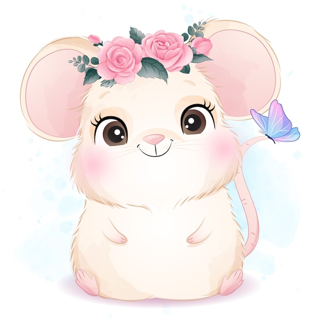 Cute little mouse with watercolor illustration