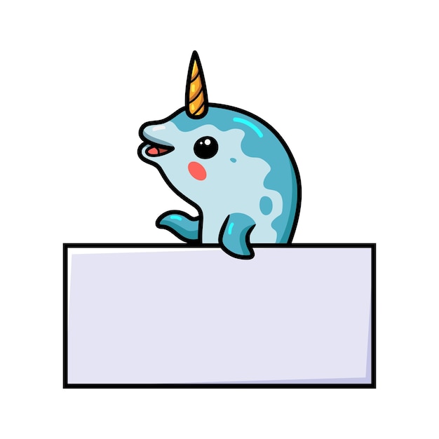 Cute little narwhal cartoon with blank sign