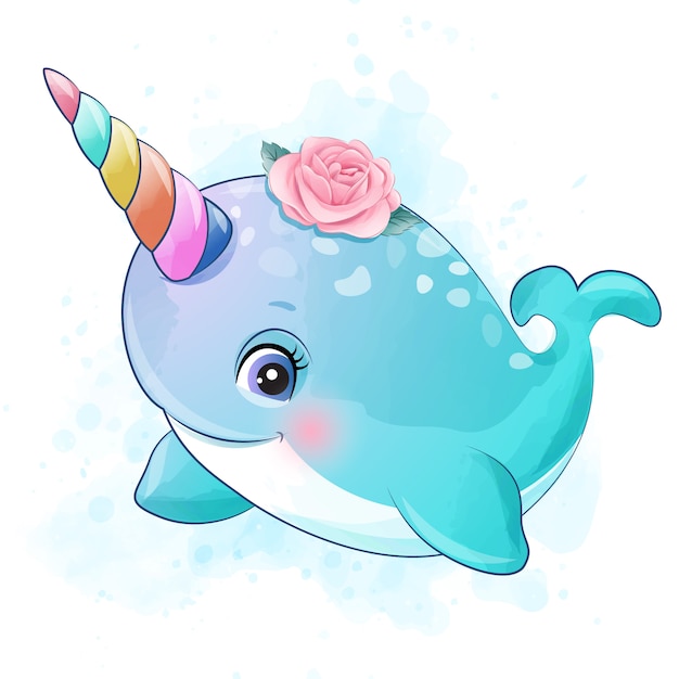 Vector cute little narwhal with watercolor illustration