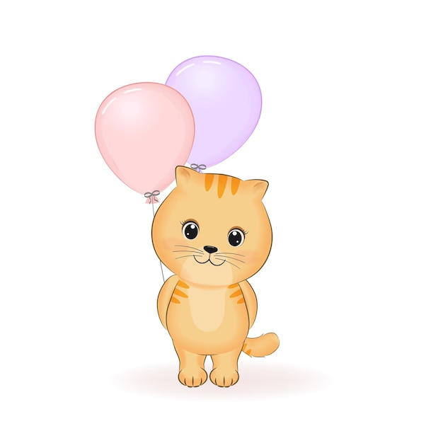 Cute little Orange Cat and balloon animal cartoon illustration