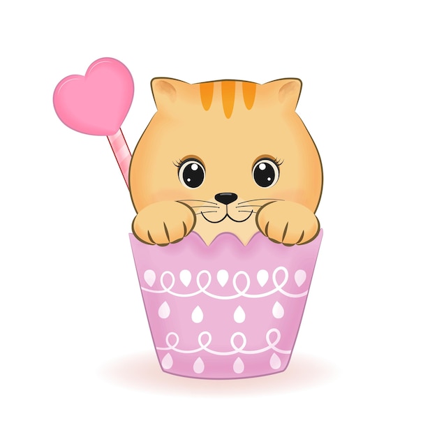 Carino piccolo gatto arancione in tazza di cupcake animale cartone animato illustrazione