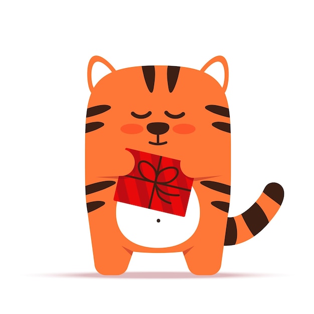 벡터 평평한 스타일의 귀여운 주황색 호랑이 고양이. 동물은 상자에 선물을 들고 서 있습니다. 생일 및 휴일 인사말입니다.