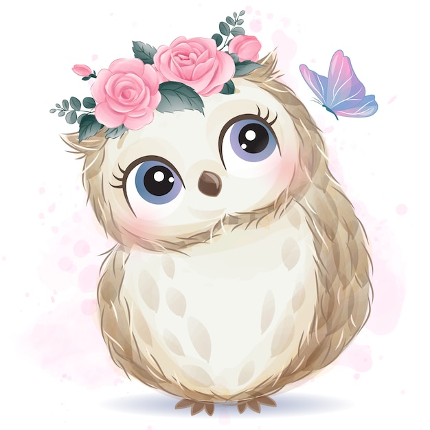 Vector cute little owl with watercolor effect