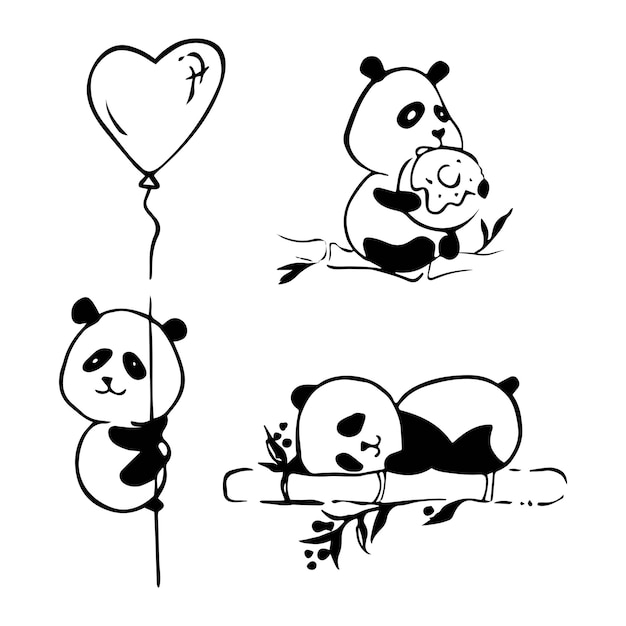 Cute little panda bear in different poses on white background