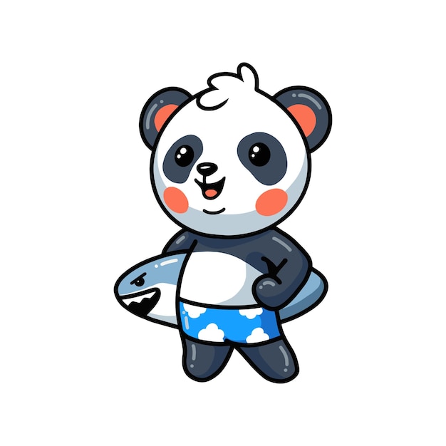 Cute little panda cartoon holding surfboard