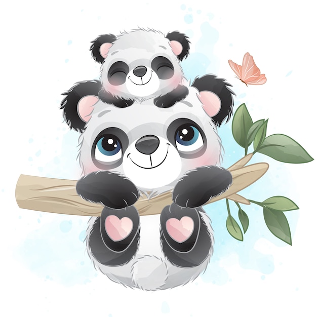 Cute little panda father and baby hanging in the tree