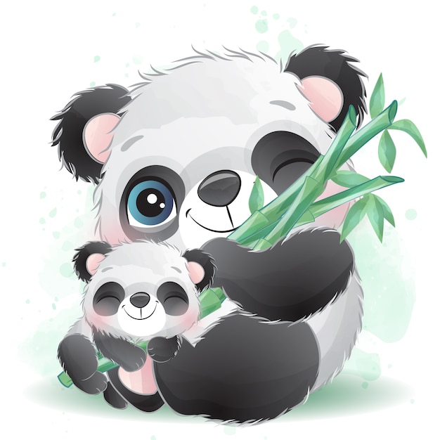 Vettore carino piccolo panda padre e bambino