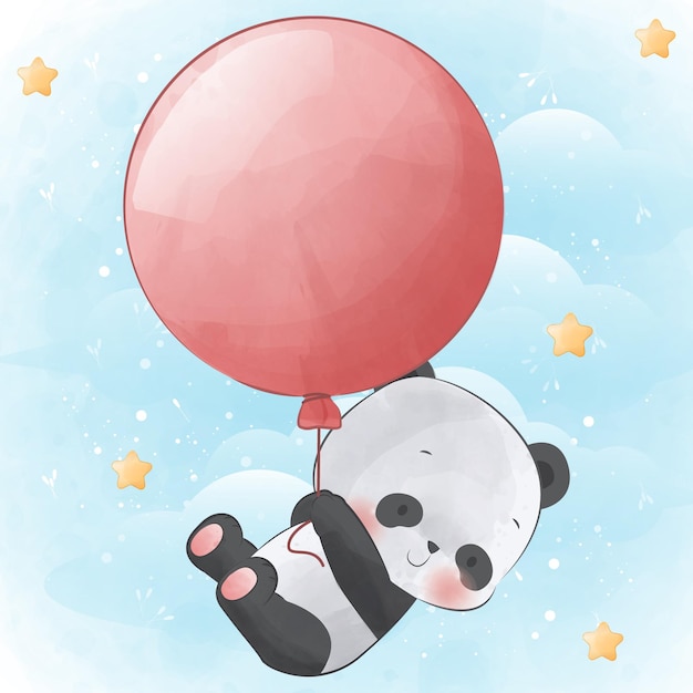 Cute little Panda flying with balloon