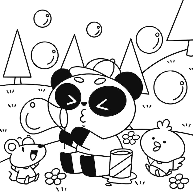 Cute little panda and friends cub blowing bubbles coloring book page illustration asset