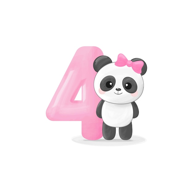 Cute little panda girl with figure four pink balloon and bow Happy birthday greeting card