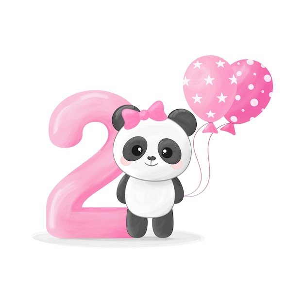 두 번째 분홍색 풍선과 활 생일 축하 카드를 가진 귀여운 팬더 소녀