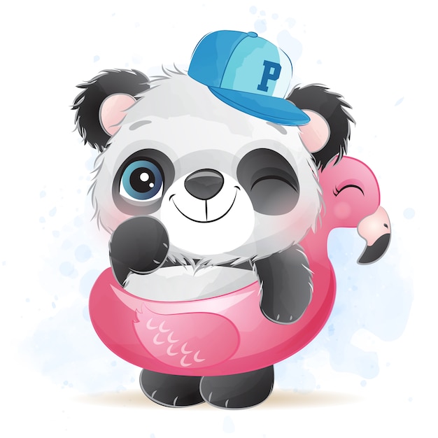 Cute little panda with flamingo