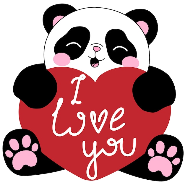 Cute little panda with heart and text I love you Baby animals kid illustration Valentine logo