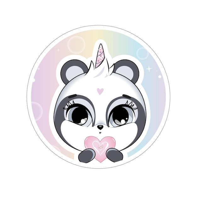 Cute little panda with horn holding heart Pastel soft colors Vector