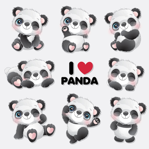 Cute little panda with watercolor collection